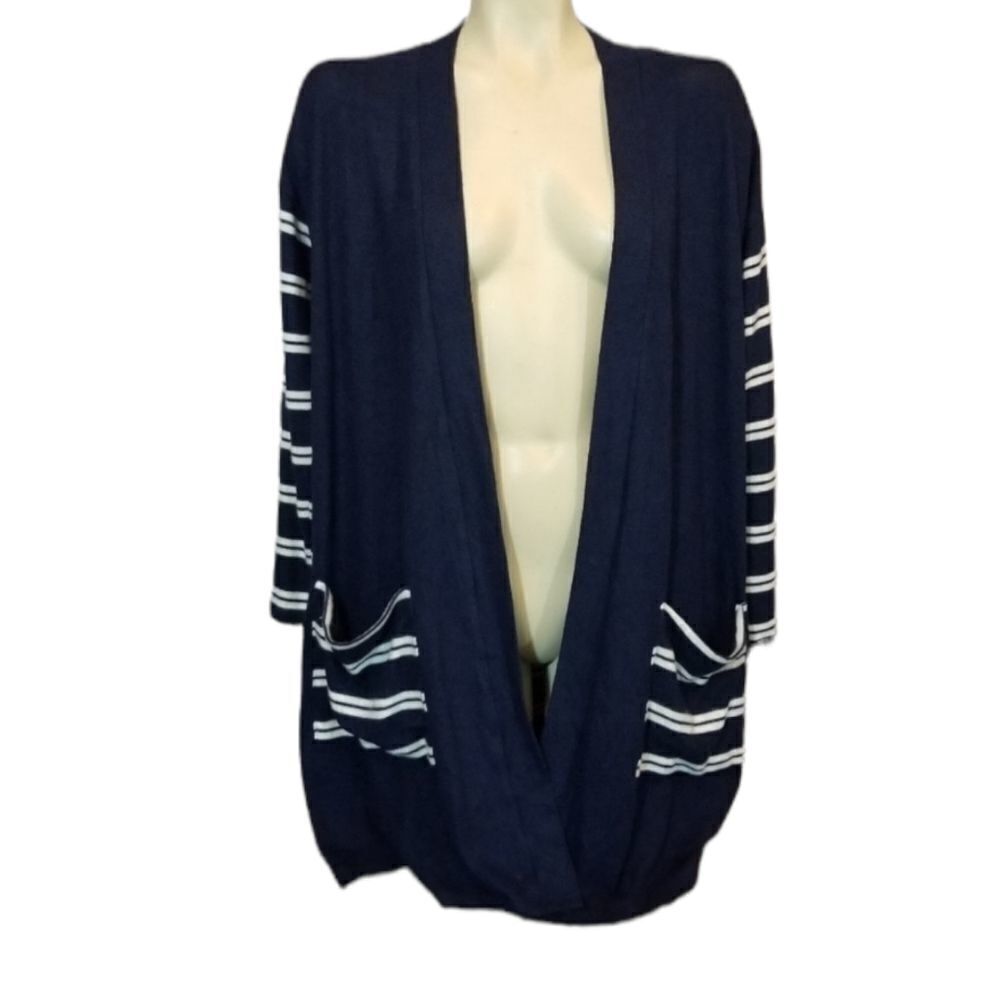 Bobeau Navy & White Striped Pocket Cardigan‎ Size S